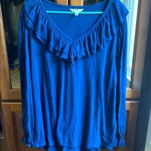 Terra & Sky Blue 1X Ruffled Long Sleeve Tunic NWT